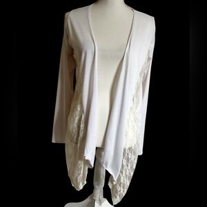White Open Front Cardigan With Ivory Lace